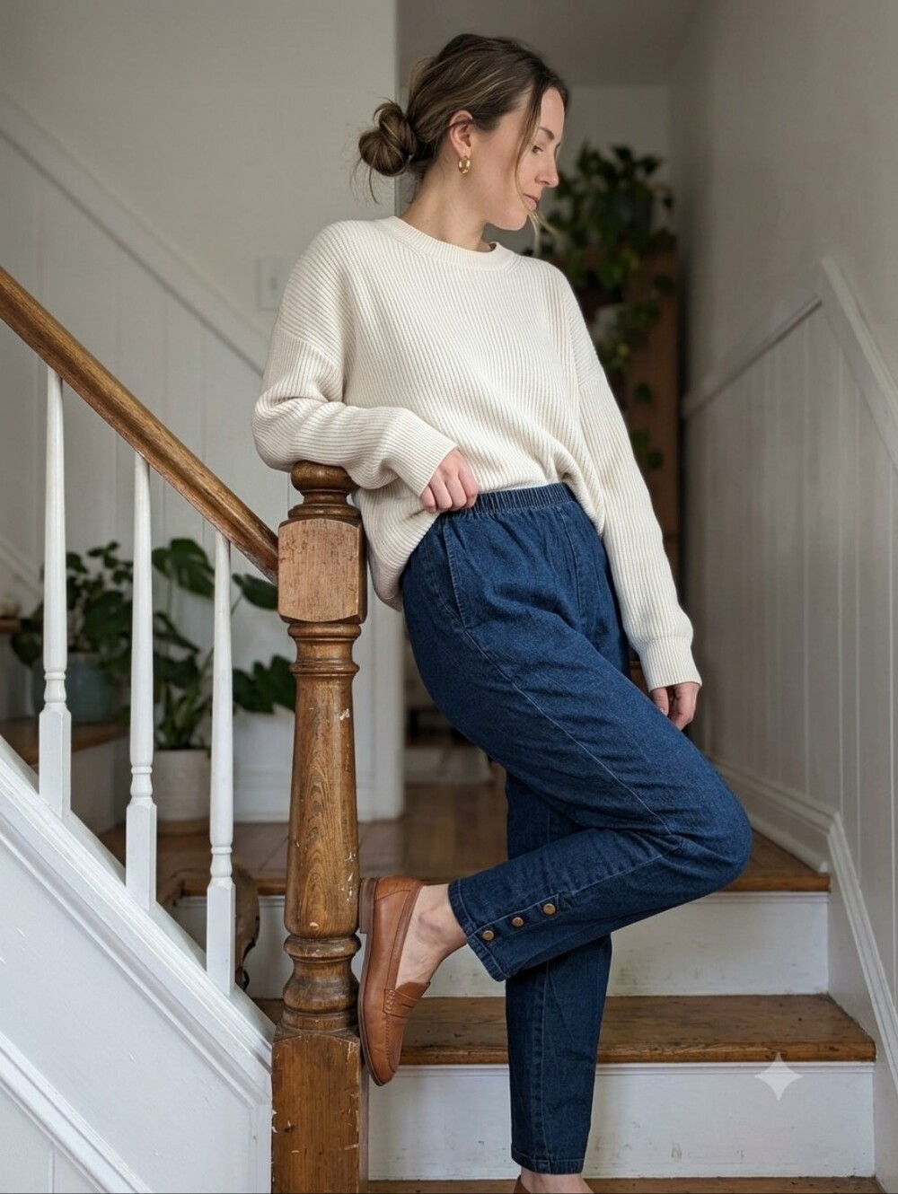 Vintage Denim & Co Elastic Waist Mom Jeans Snap Ankle Tapered Dark Wash